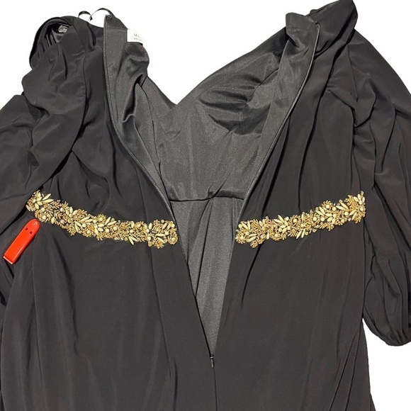 Mac Duggal Jersey V Neck Maxi Dress Gold Beaded Size 20 Leg Slit Formal - Picture 10 of 12